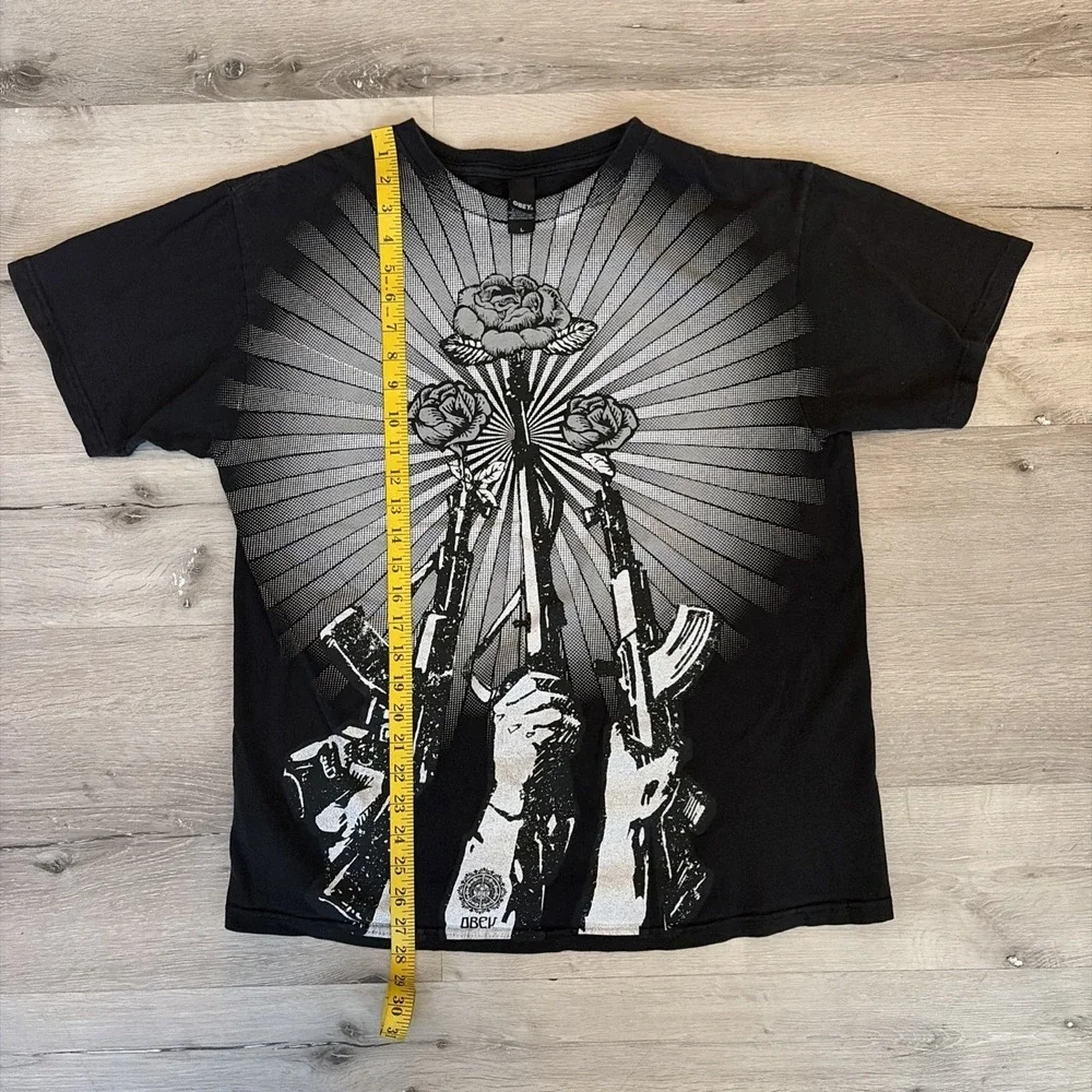 Vintage Y2K Obey Guns And Roses T Shirt Men's Large Black Front AOP